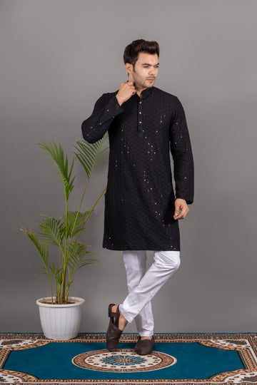 MEN'S SOLID SEQUENCE KURTA (BLACK )