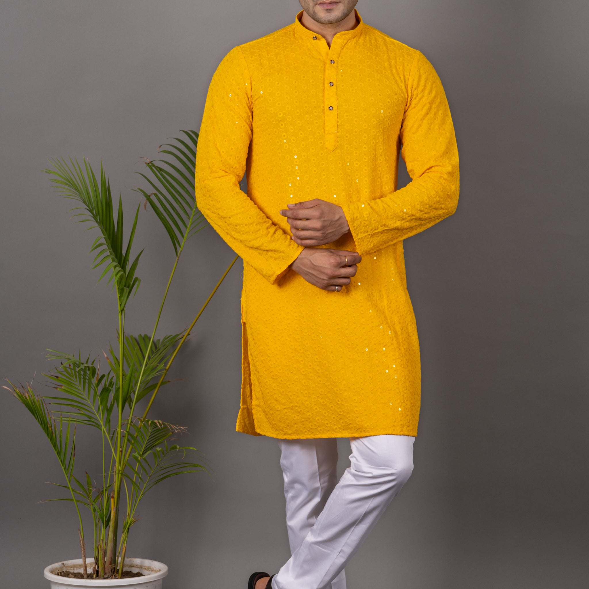 MEN'S SOLID SEQUENCE KURTA (YELLOW )