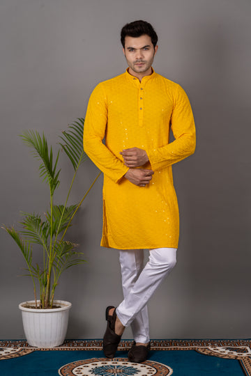 MEN'S SOLID SEQUENCE KURTA (YELLOW )