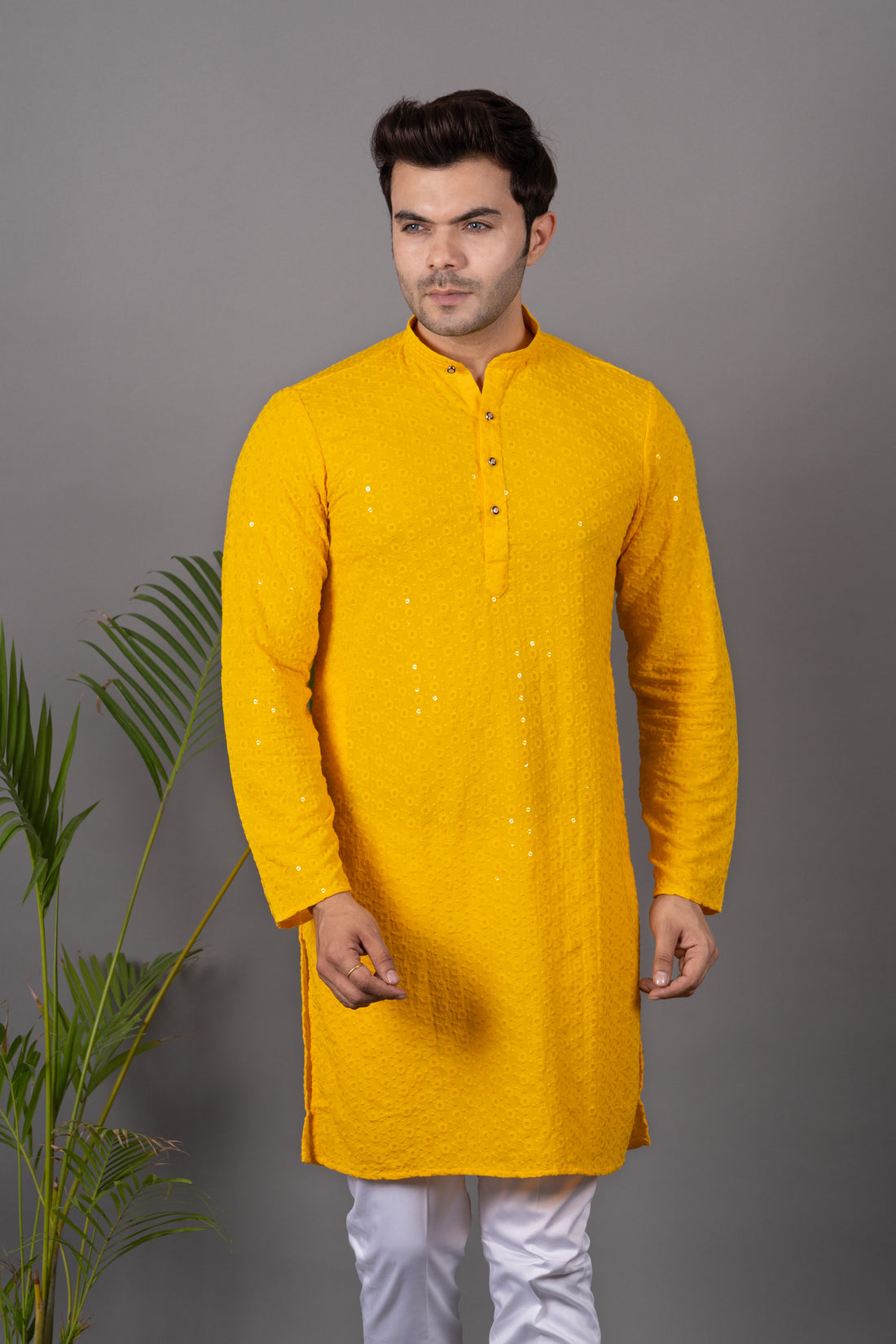 MEN'S SOLID SEQUENCE KURTA (YELLOW )