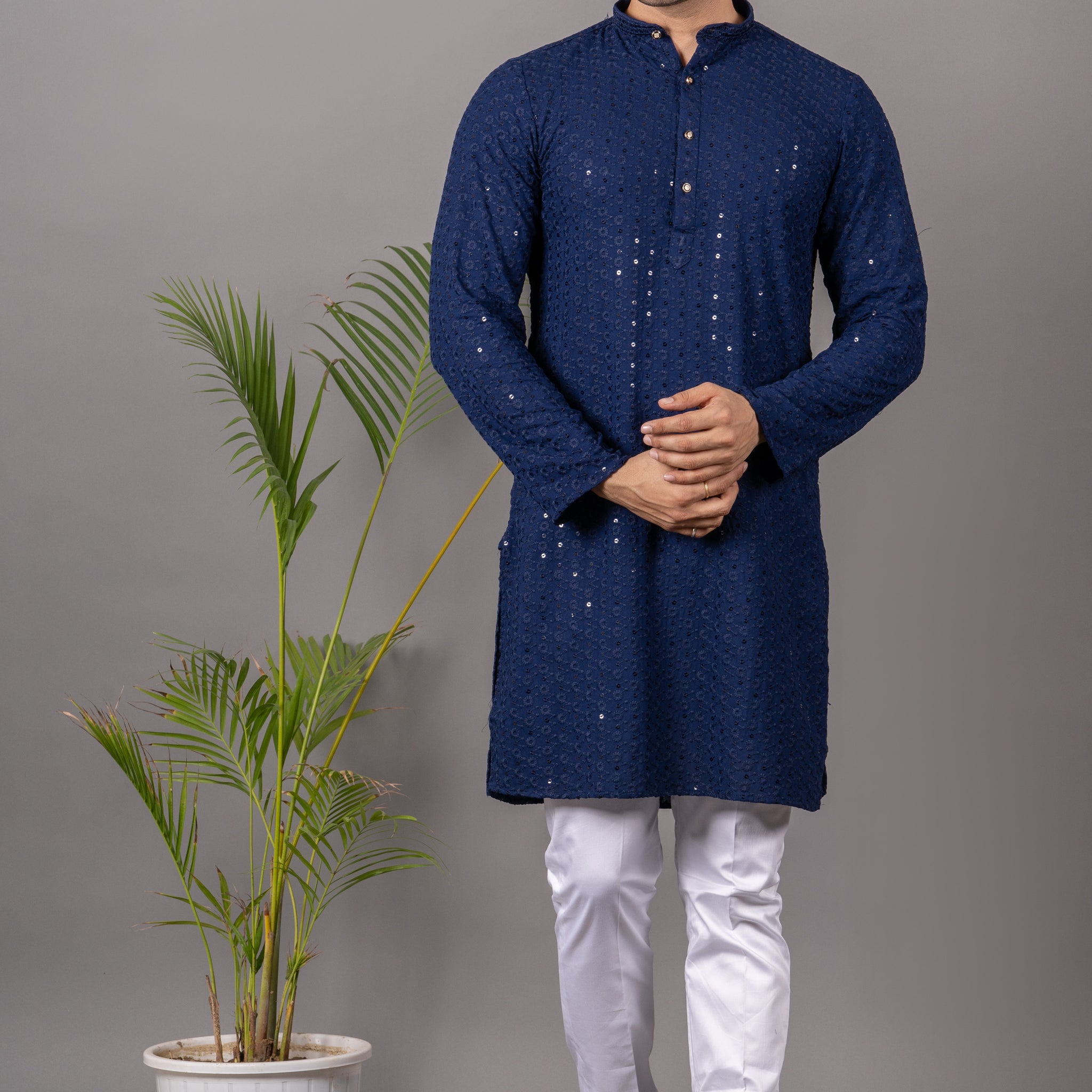 MEN'S SOLID SEQUENCE KURTA (NAVY BLUE)