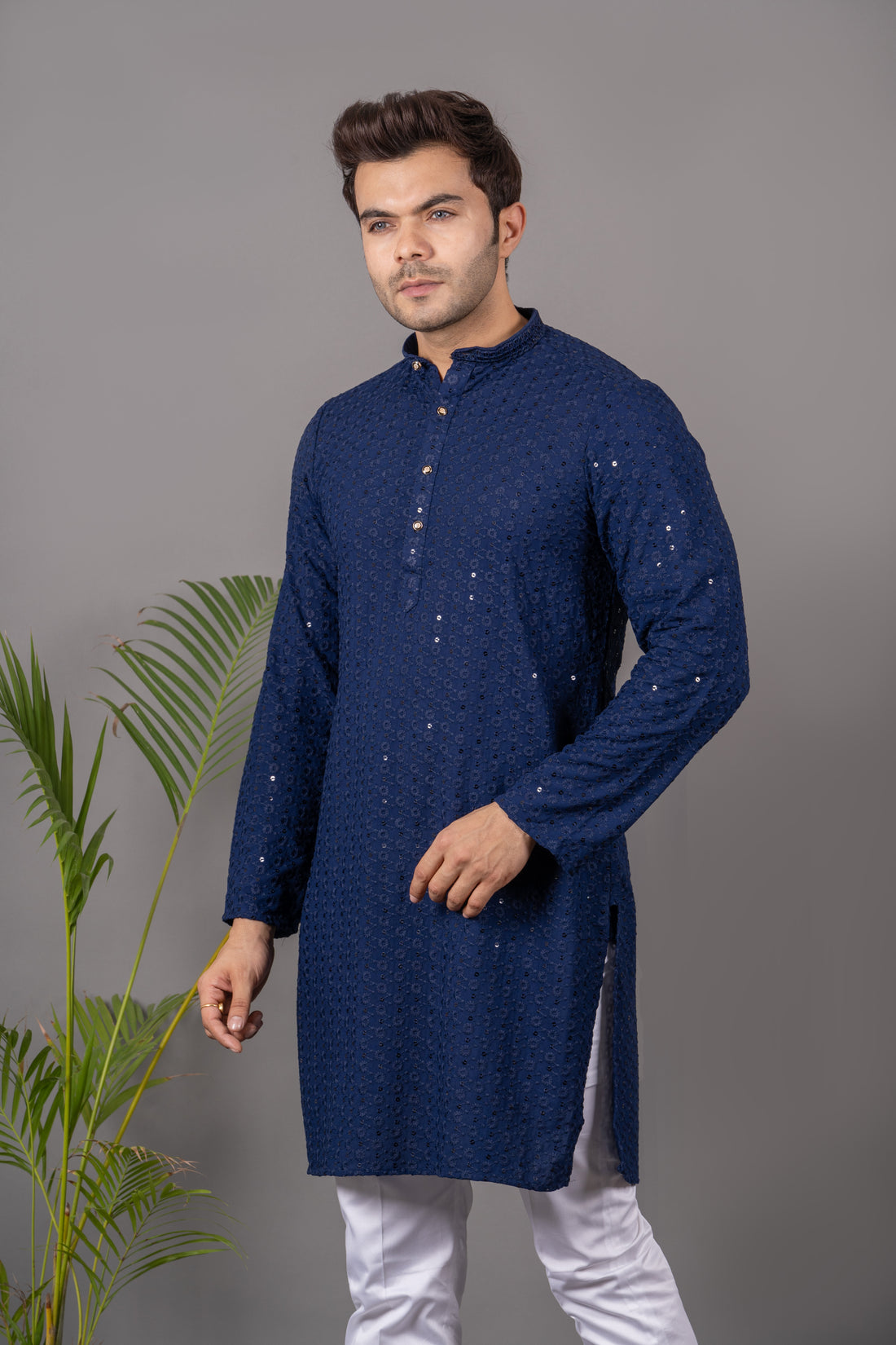 MEN'S SOLID SEQUENCE KURTA (NAVY BLUE)