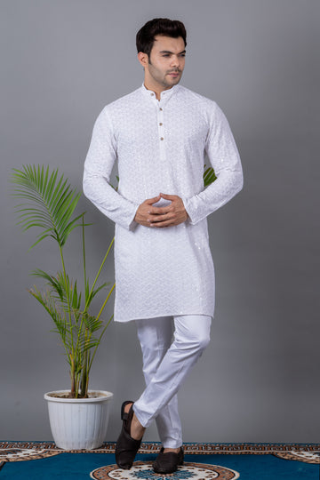 MEN'S SOLID SEQUENCE KURTA (WHITE)