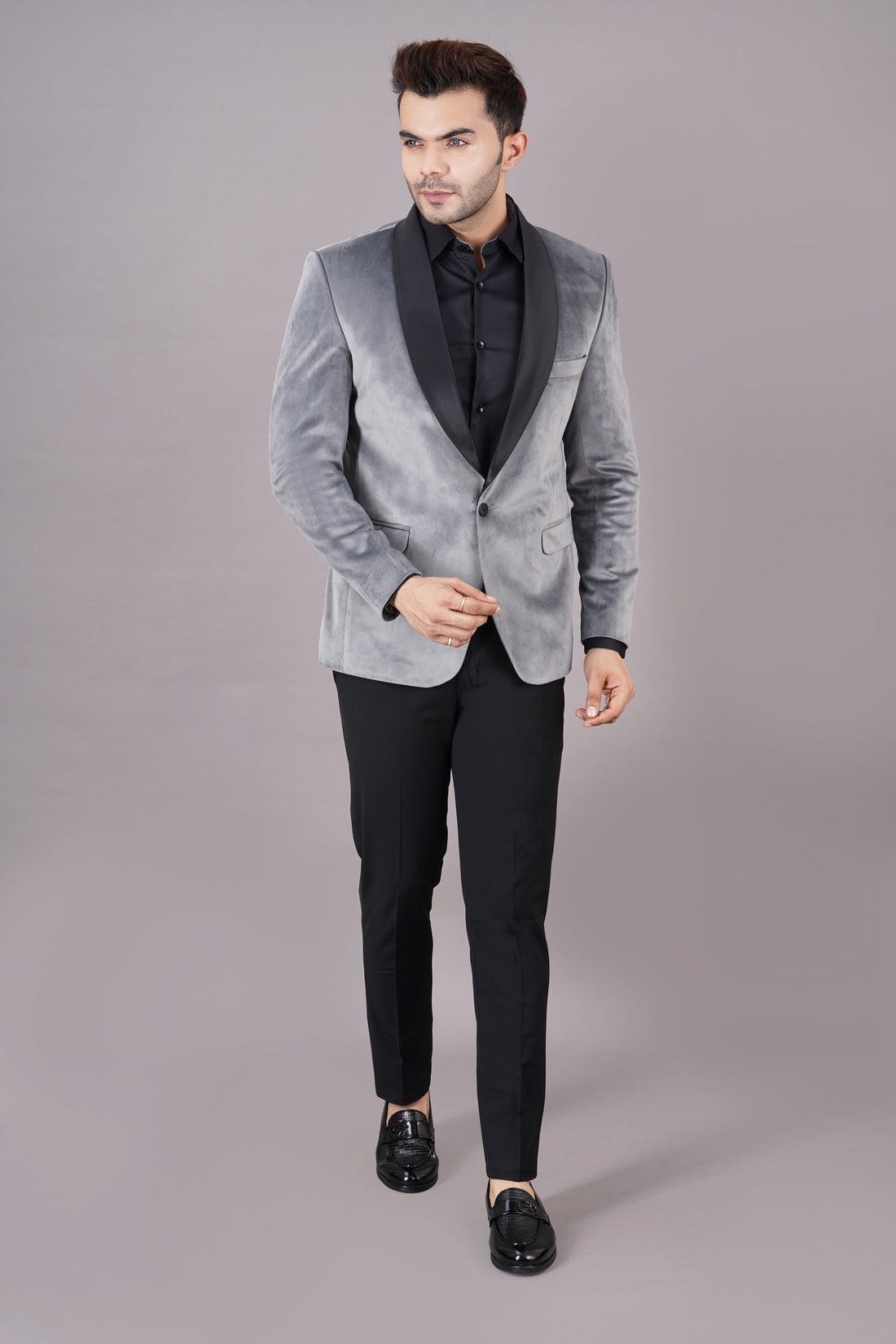 SINGLE BREASTED TUXEDO VELVET BLAZER ( GREY )