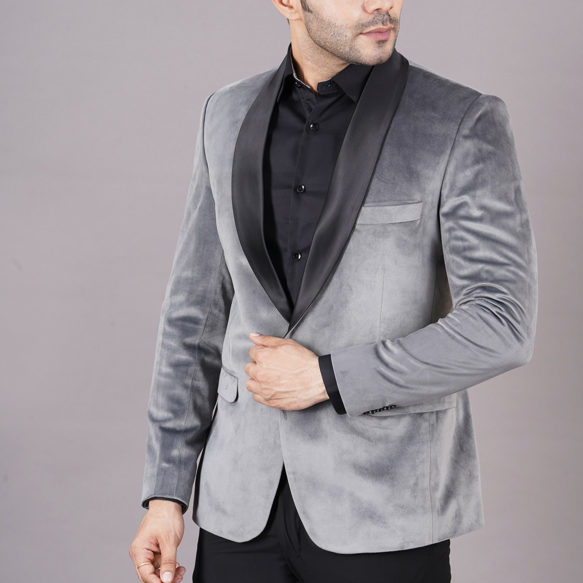 SINGLE BREASTED TUXEDO VELVET BLAZER ( GREY )