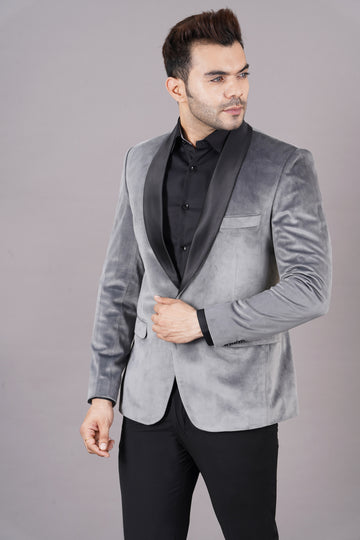 SINGLE BREASTED TUXEDO VELVET BLAZER ( GREY )