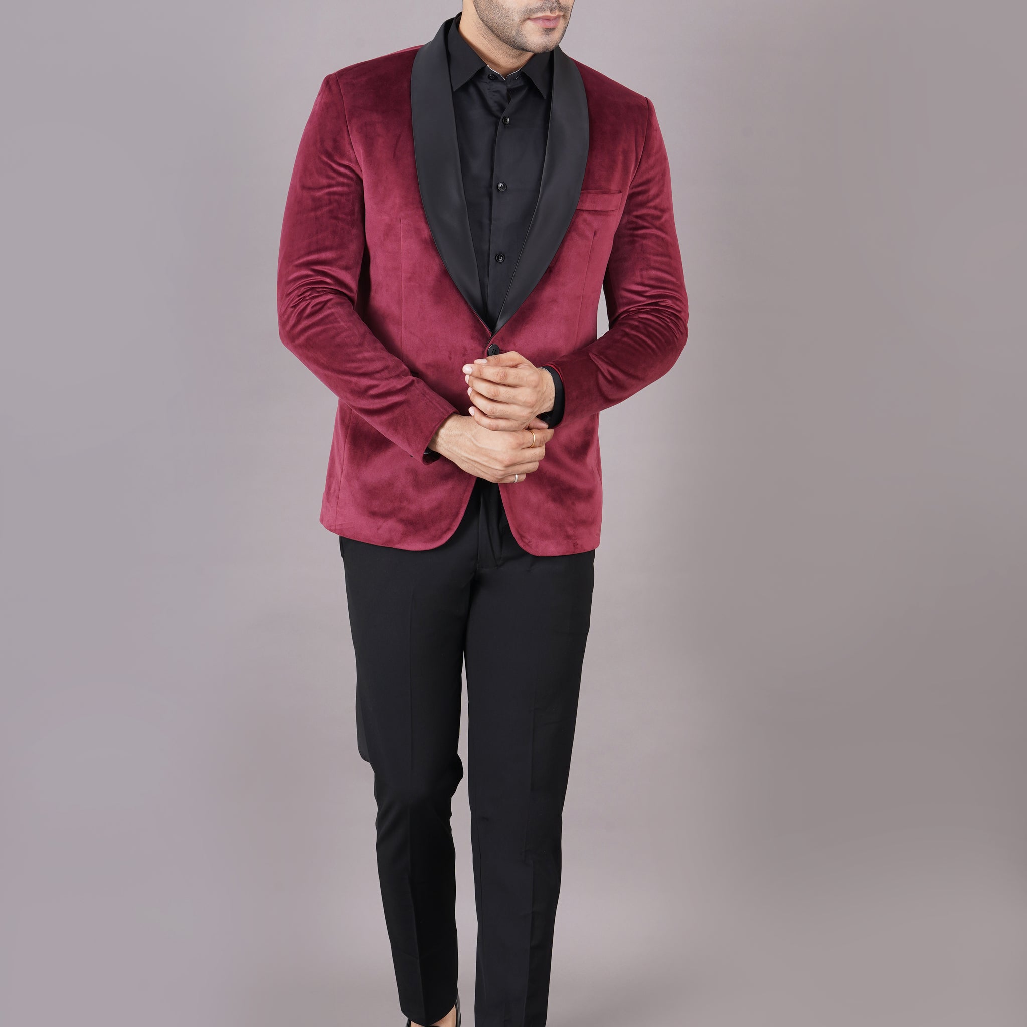 SINGLE BREASTED TUXEDO VELVET BLAZER ( MAROON )