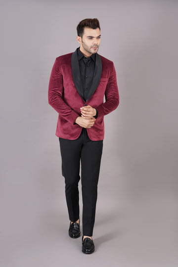 SINGLE BREASTED TUXEDO VELVET BLAZER ( MAROON )