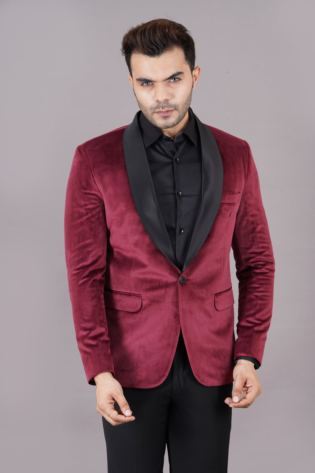 SINGLE BREASTED TUXEDO VELVET BLAZER ( MAROON )