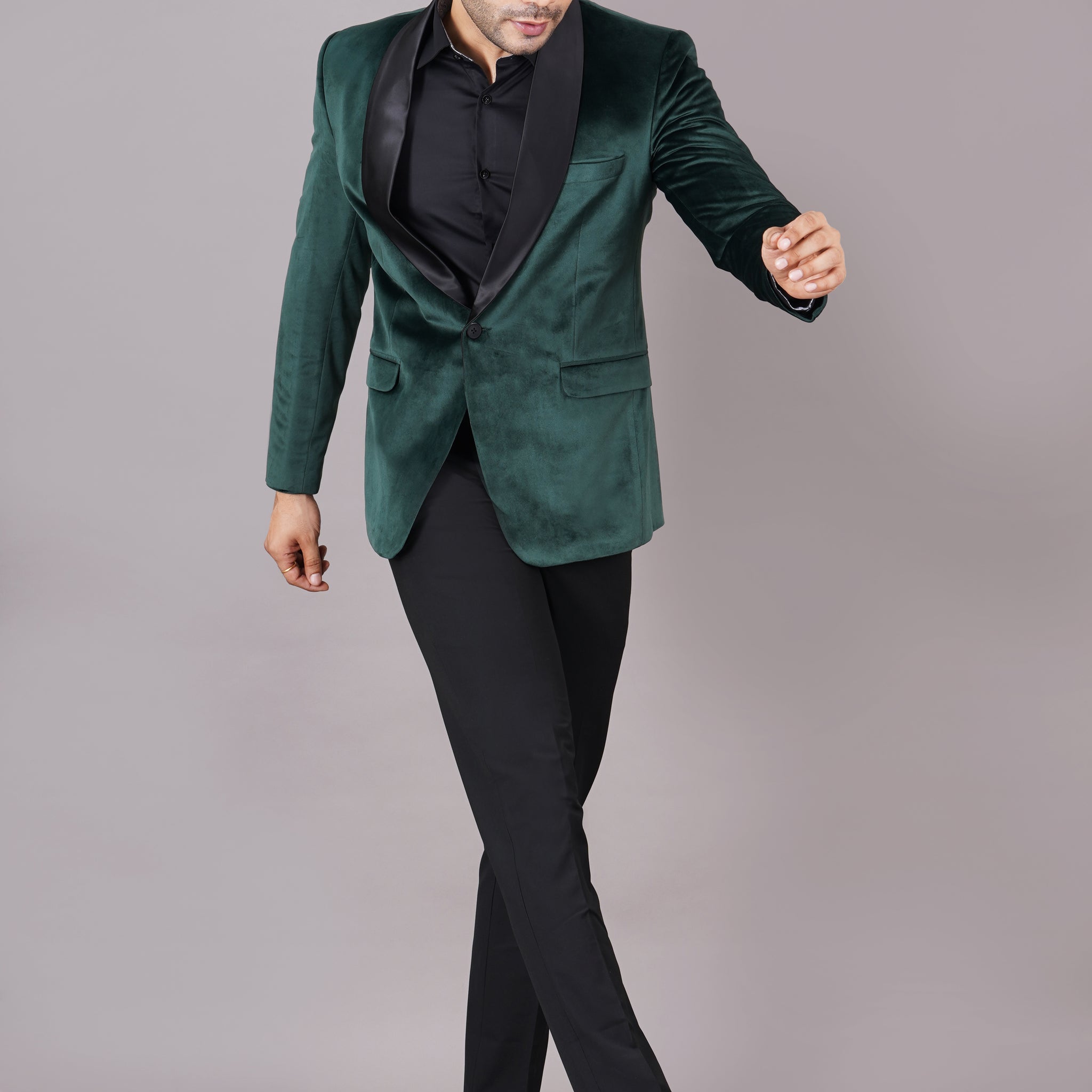 SINGLE BREASTED TUXEDO VELVET BLAZER ( GREEN )