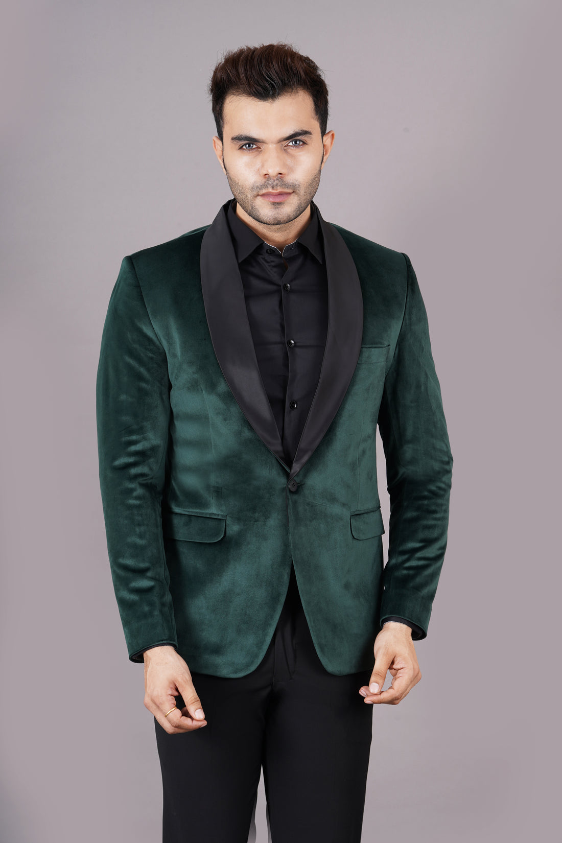 SINGLE BREASTED TUXEDO VELVET BLAZER ( GREEN )