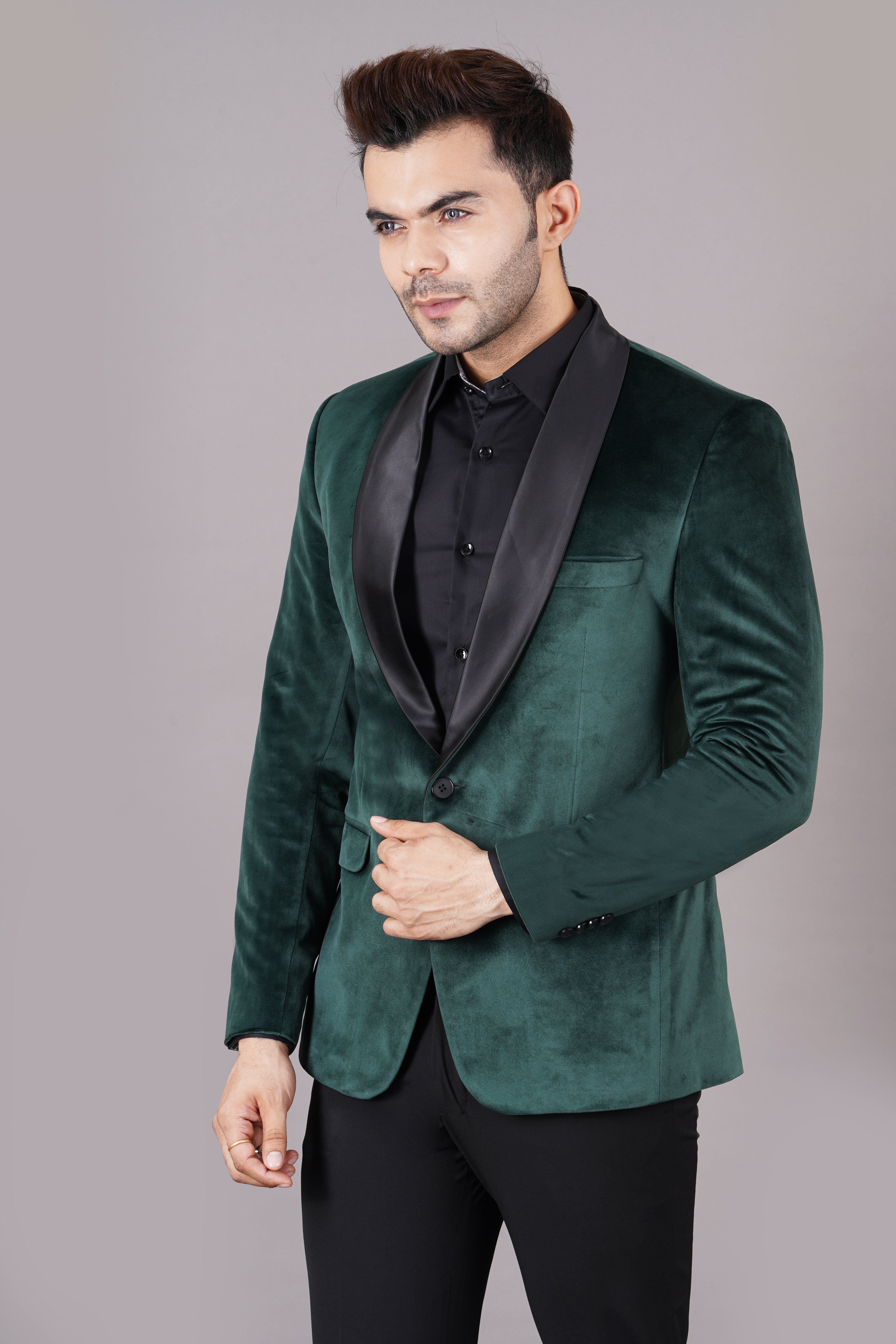 SINGLE BREASTED TUXEDO VELVET BLAZER ( GREEN )