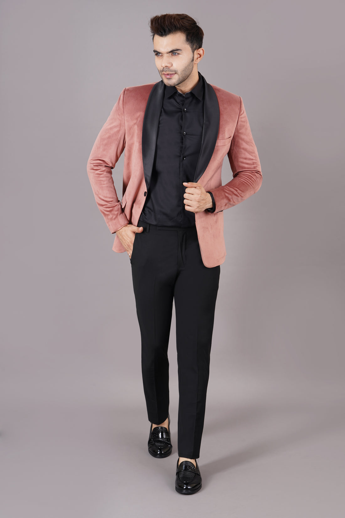 SINGLE BREASTED TUXEDO VELVET BLAZER ( PEACH )