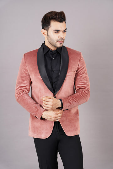 SINGLE BREASTED TUXEDO VELVET BLAZER ( PEACH )