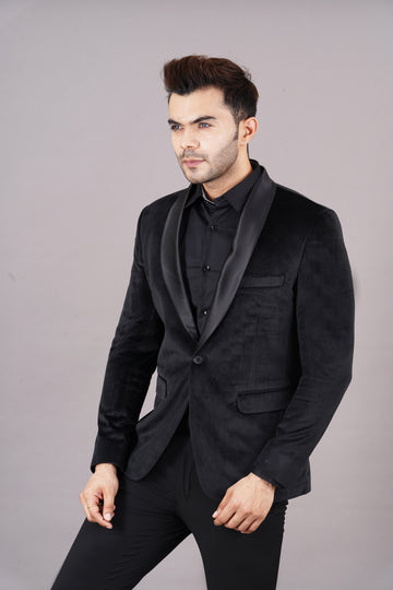 SINGLE BREASTED TUXEDO VELVET BLAZER ( BLACK )