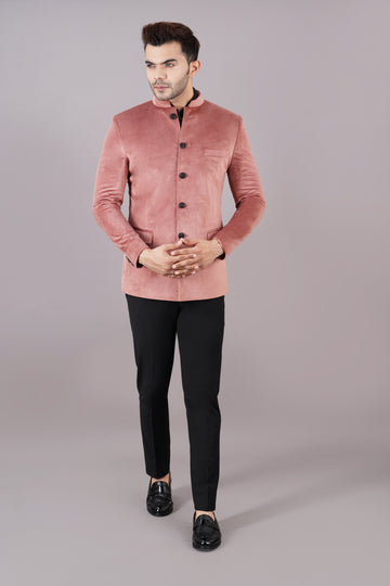 BANDHGALA VELVET BLAZER ( PEACH )