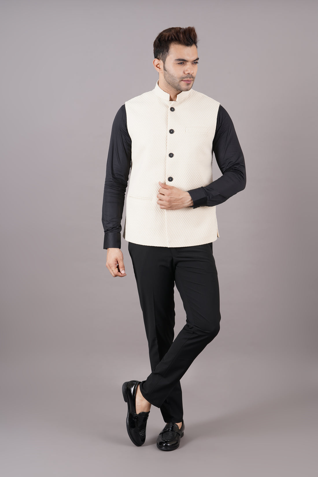 NEHRU JACKETS SOLID TEXTURE ( CREAM )