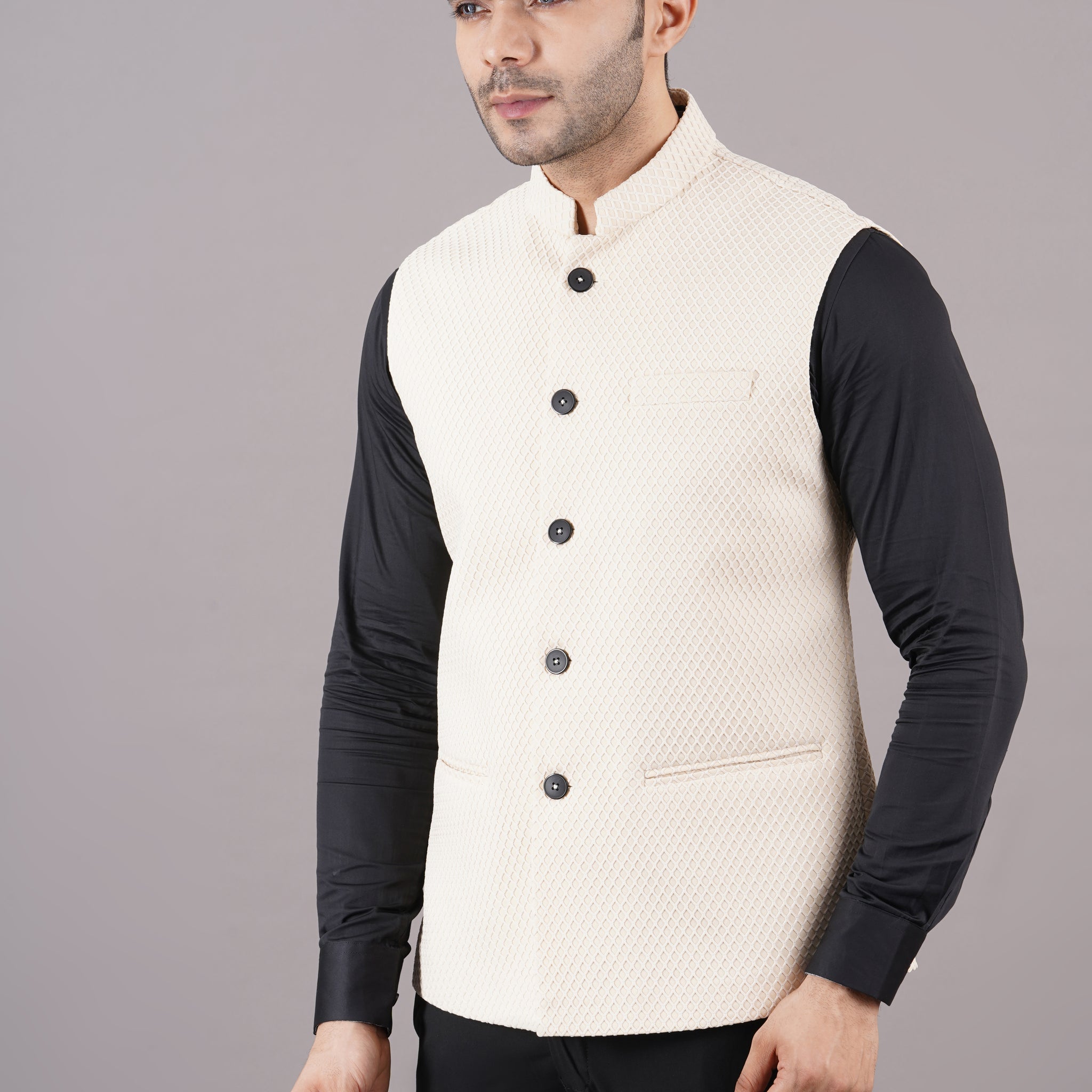 NEHRU JACKETS SOLID TEXTURE ( CREAM )