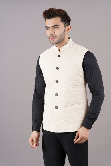 NEHRU JACKETS SOLID TEXTURE ( CREAM )