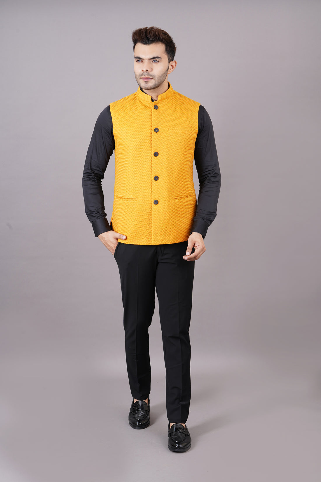 NEHRU JACKETS SOLID TEXTURE ( YELLOW )