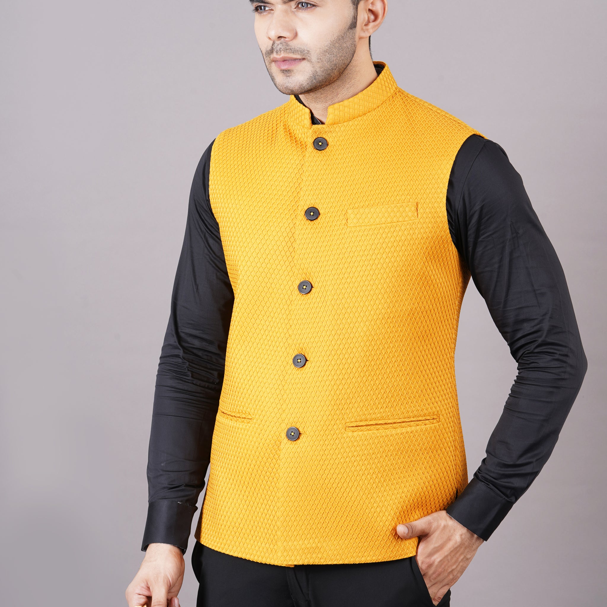 NEHRU JACKETS SOLID TEXTURE ( YELLOW )