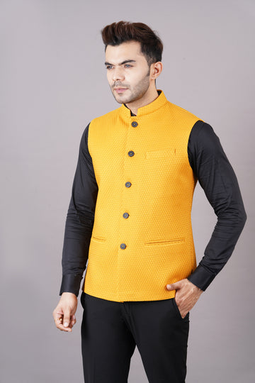 NEHRU JACKETS SOLID TEXTURE ( YELLOW )