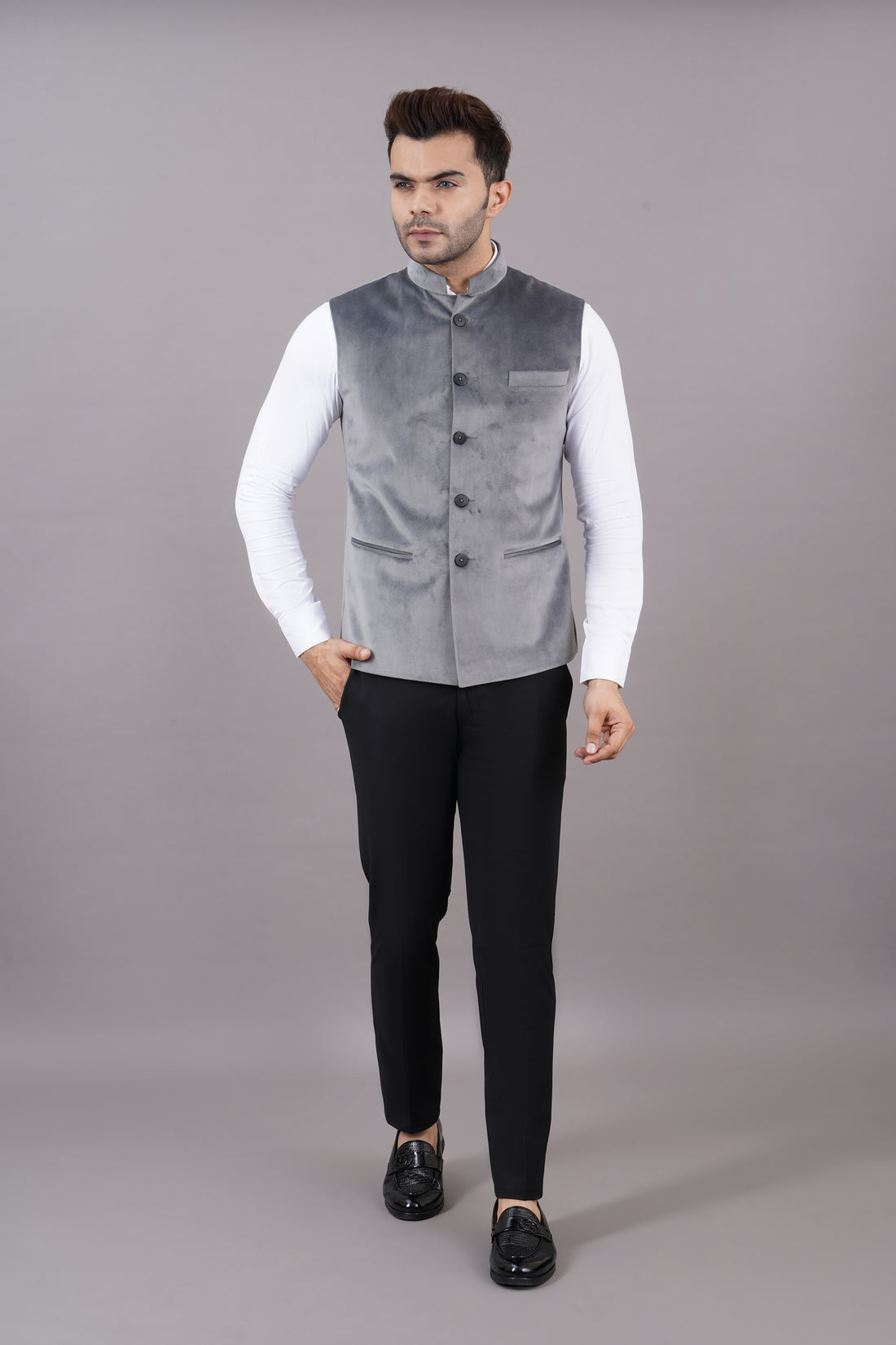 NEHRU JACKETS VELVET ( GREY )