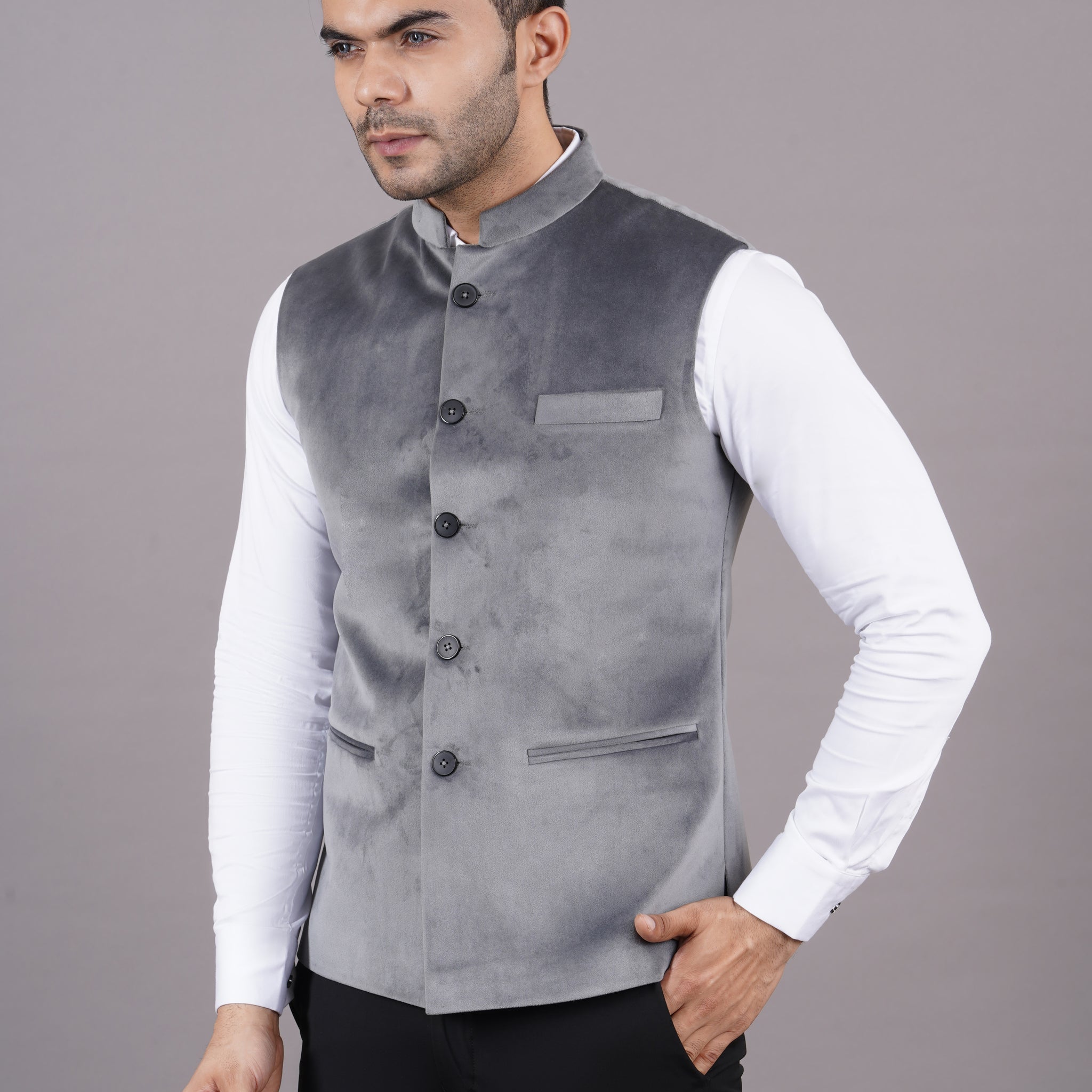 NEHRU JACKETS VELVET ( GREY )