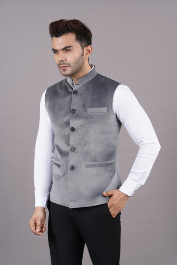 NEHRU JACKETS VELVET ( GREY )