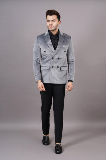 DOUBLE BREASTED VELVET BLAZER ( GREY )