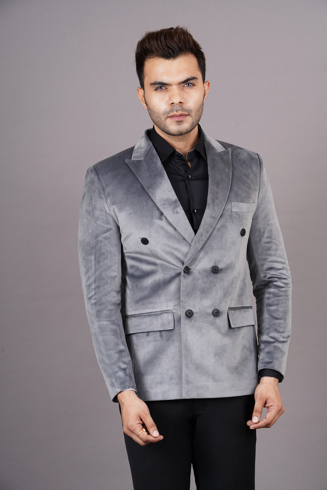 DOUBLE BREASTED VELVET BLAZER ( GREY )