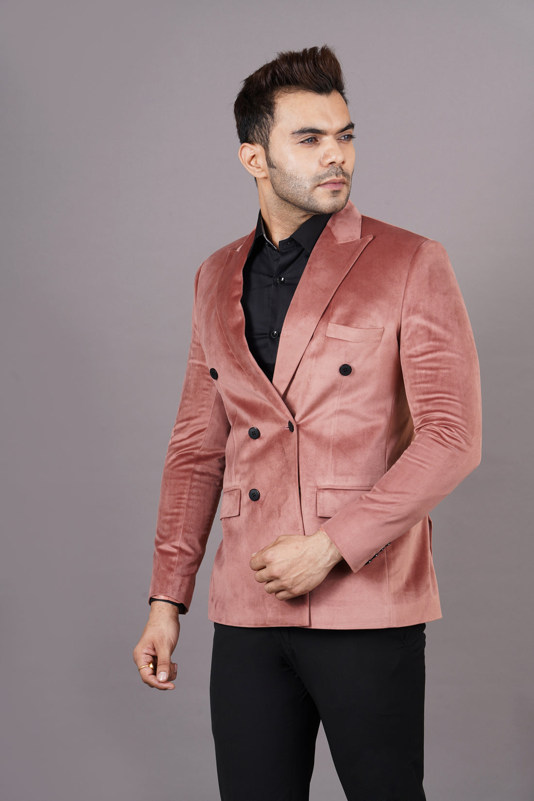 DOUBLE BREASTED VELVET BLAZER ( PEACH )