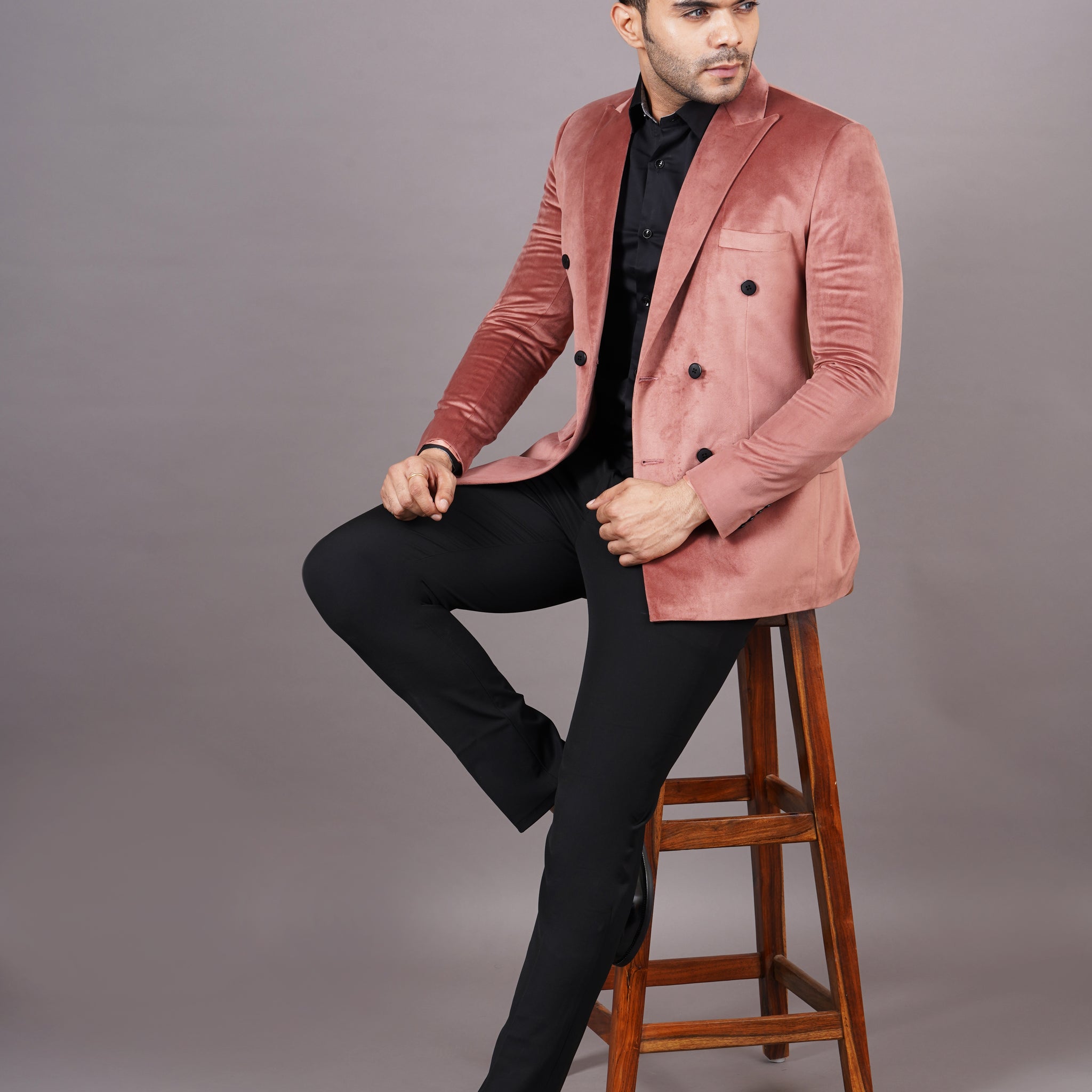 DOUBLE BREASTED VELVET BLAZER ( PEACH )