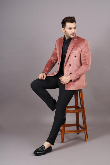 DOUBLE BREASTED VELVET BLAZER ( PEACH )