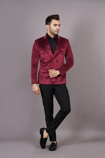 DOUBLE BREASTED VELVET BLAZER ( MAROON )