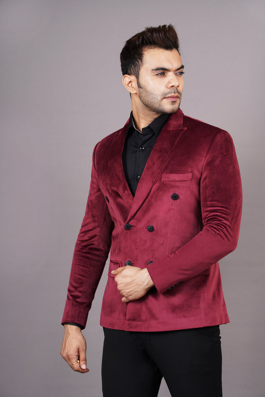 DOUBLE BREASTED VELVET BLAZER ( MAROON )