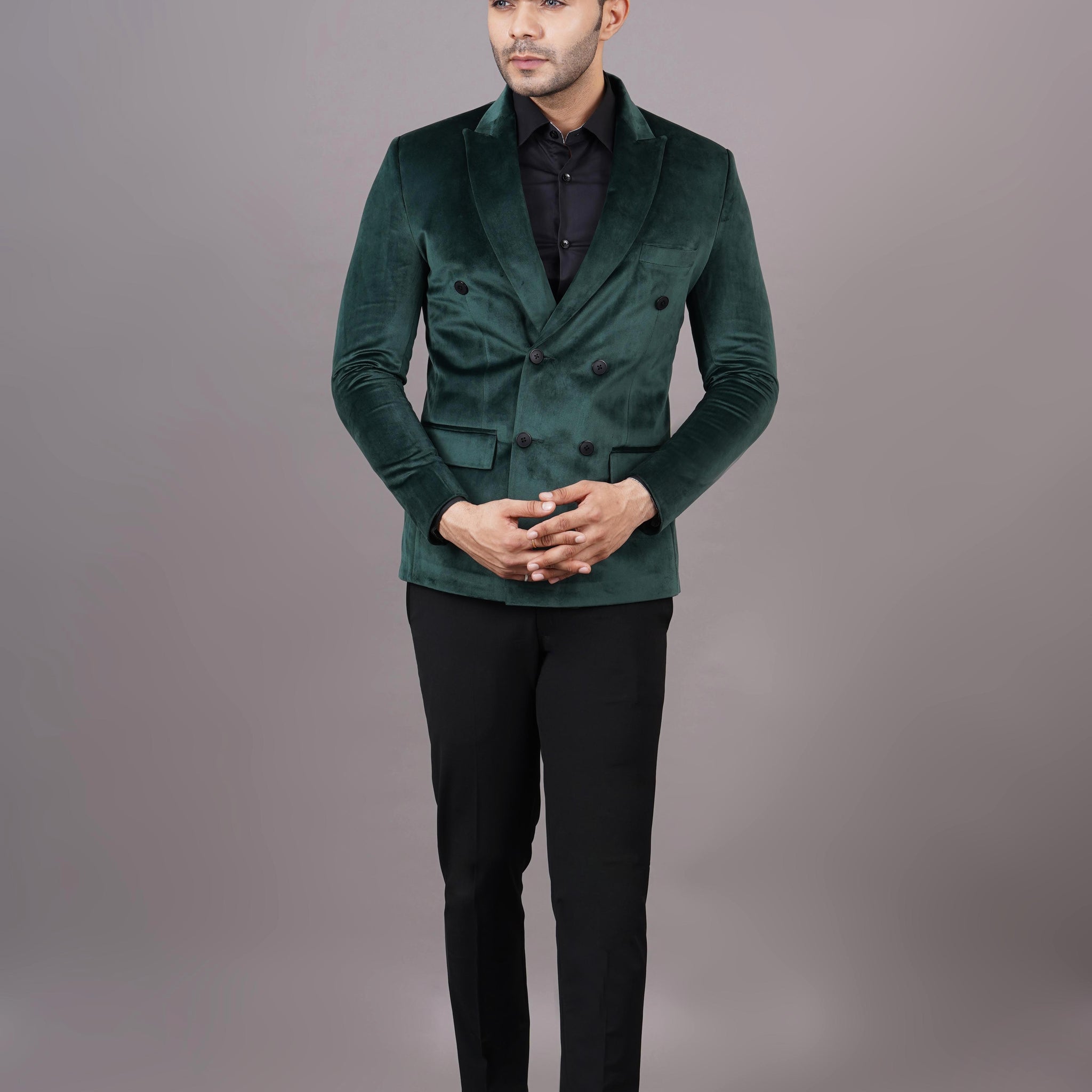 DOUBLE BREASTED VELVET BLAZER ( GREEN )