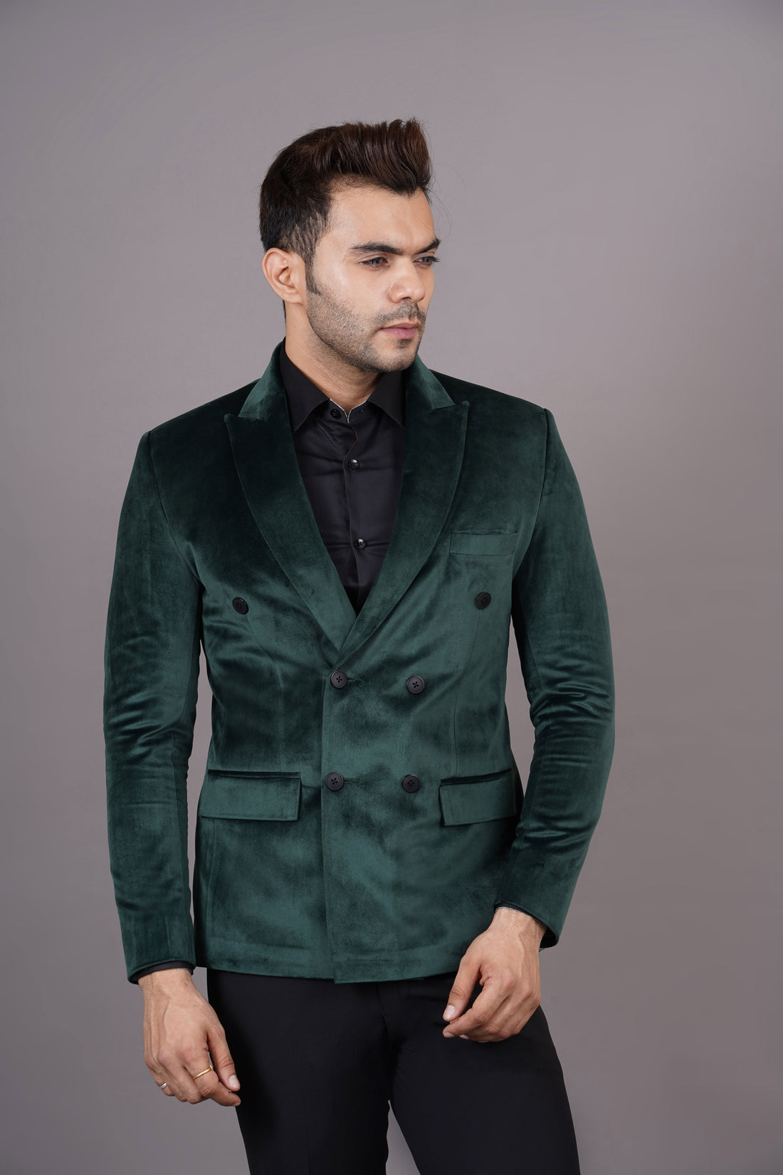 DOUBLE BREASTED VELVET BLAZER ( GREEN )